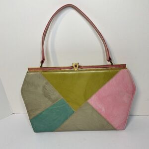 Vintage 50s/60s Pastel Color Leather Vinyl Block Handbag Snap Closure Designer
